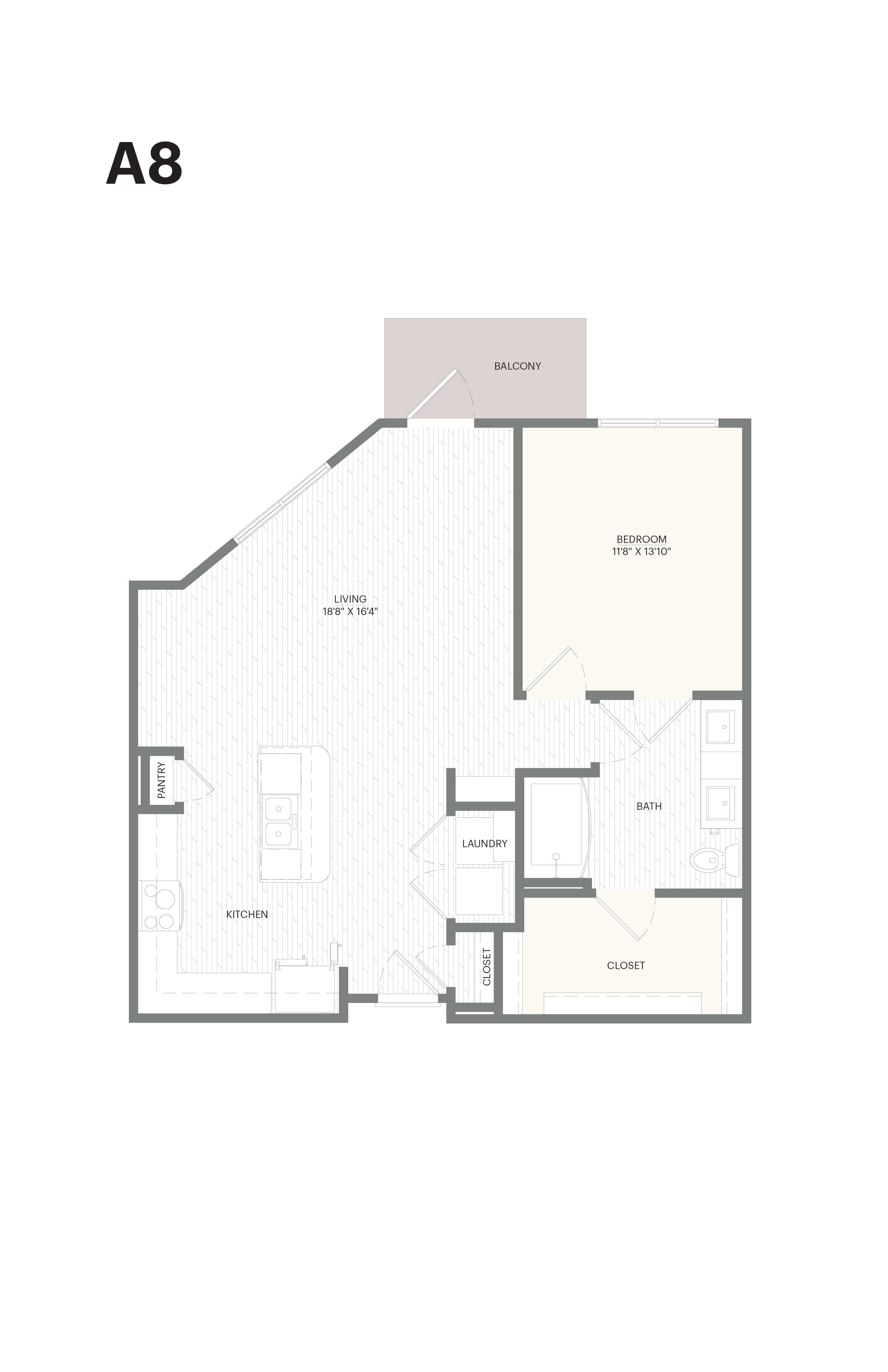 Floor plan for 1 bed, 1 bath, 858 sqft